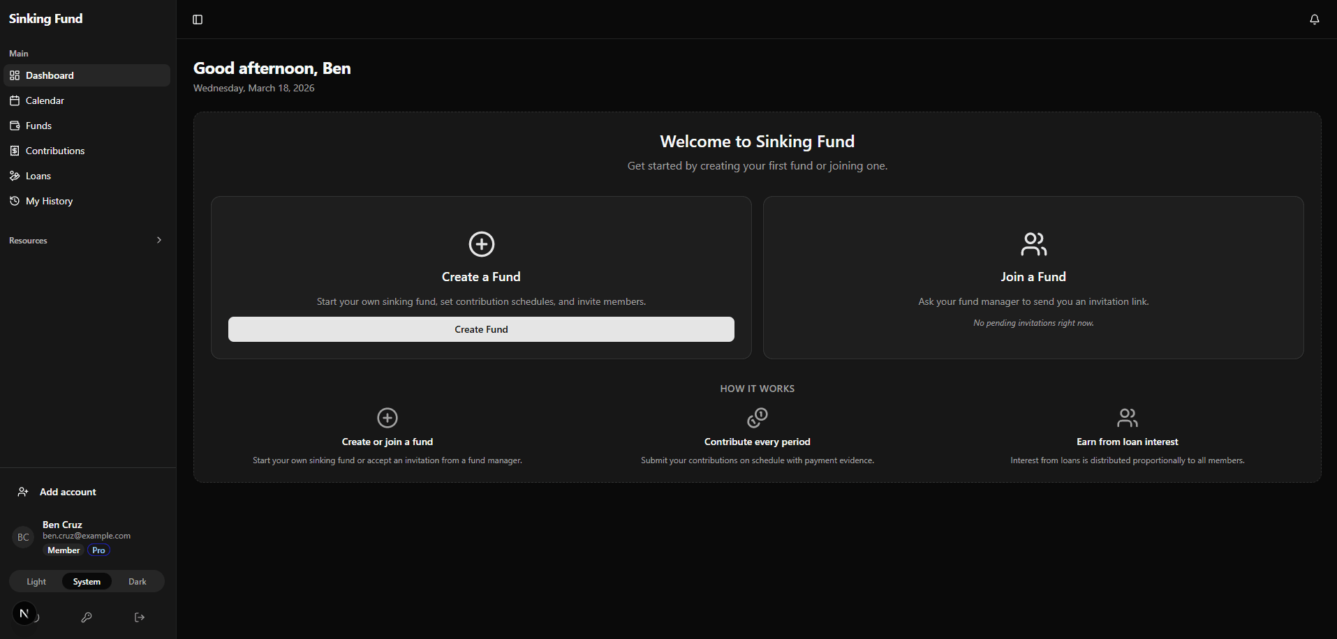 Sinking Fund member dashboard showing contributions and fund balance